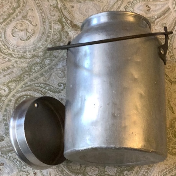 Lovely antique metal milk container. 9”x6”. Has removable lid. Lightweight. - Picture 4 of 9